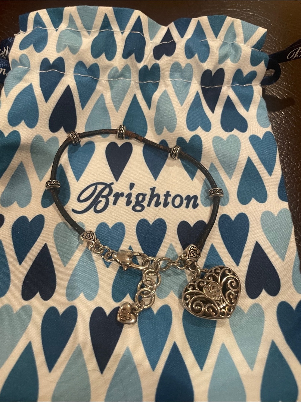 Brighton Silver-Tone Heart Charm Bracelet with Black Cord